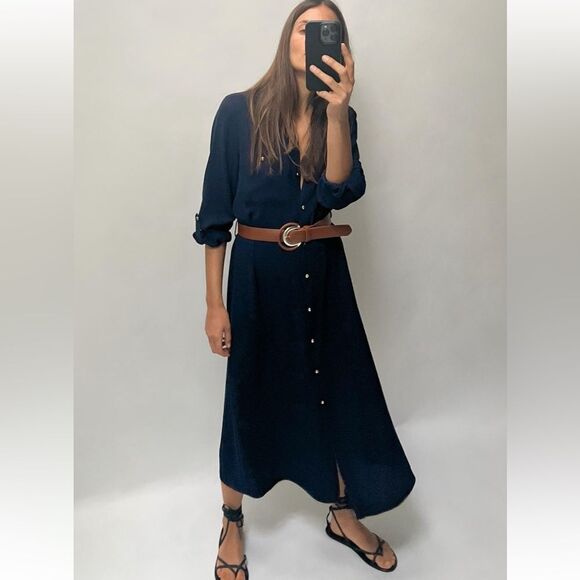 Zara Dresses & Skirts - ZARA WOMAN NWT SS24 NAVY BLUE SHIRT DRESS WITH BELT Size L
